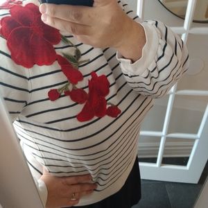 XL Banana Republic striped sweater with applique red flowers and sequin pocket